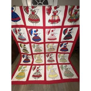 Southern Belle / Sunbonnet Sue Quilt Hand Quilted 76”x 99” Full / Queen Amazing